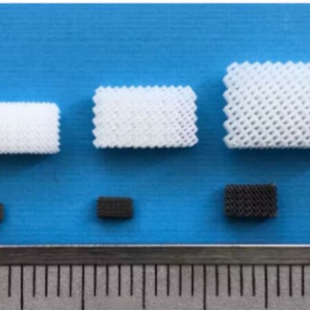 3Dプリンターで硬化させた樹脂（上段）を炭化させて負極材料（下段）を作製　出展：東北大学