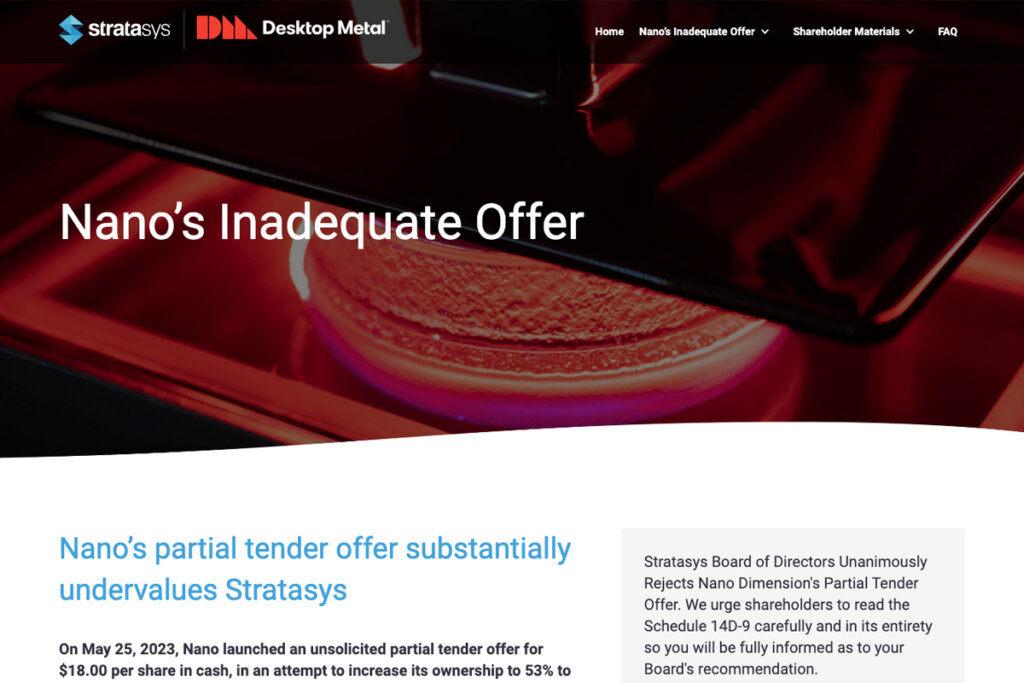 Nanodimensionの買収提案を批判的に解説するStratasysの特設ページ。