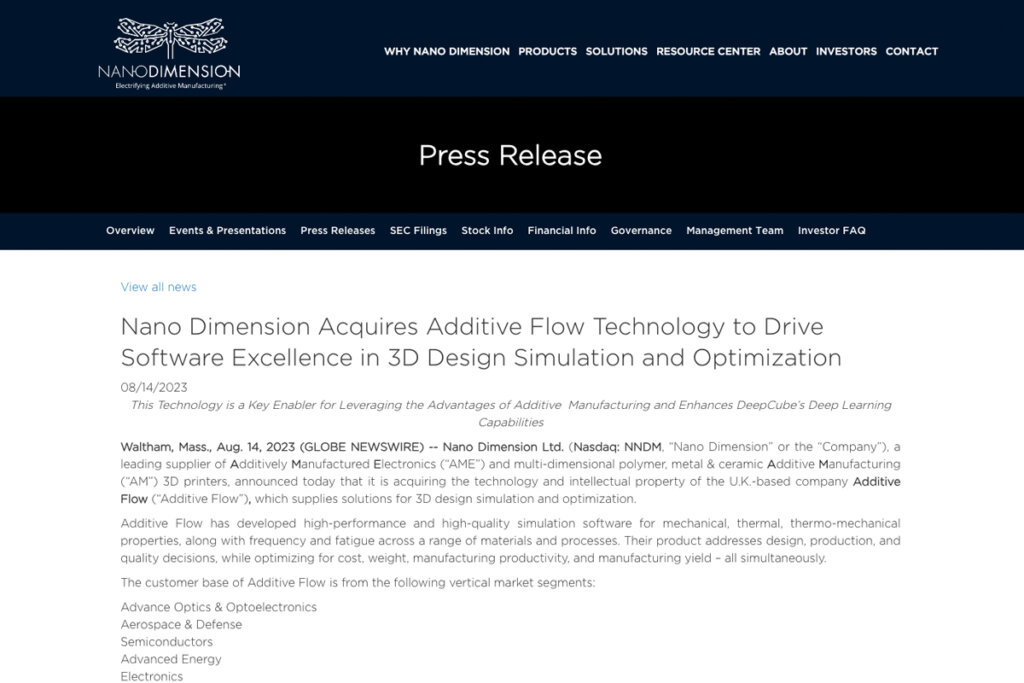 Nano Dimensionのニュースリリース