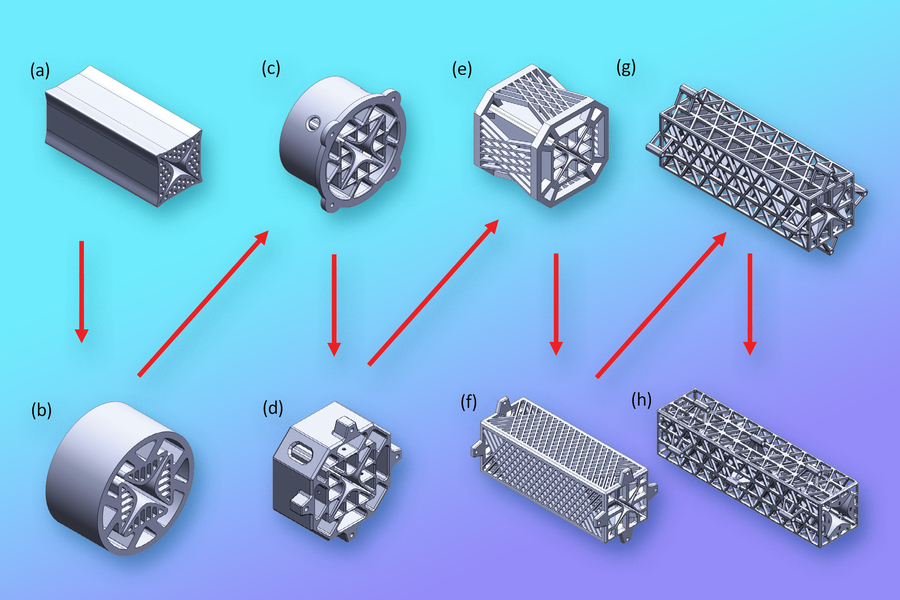 3Dプリンターの造形の自由さを活用して（h）に到達する前に、さまざまな四重極フィルターが多数作成された