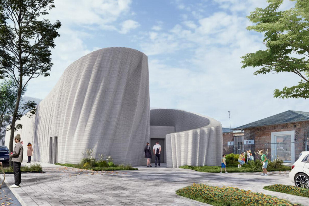 3Dプリント技術で建設されたデータセンターの外観イメージ。