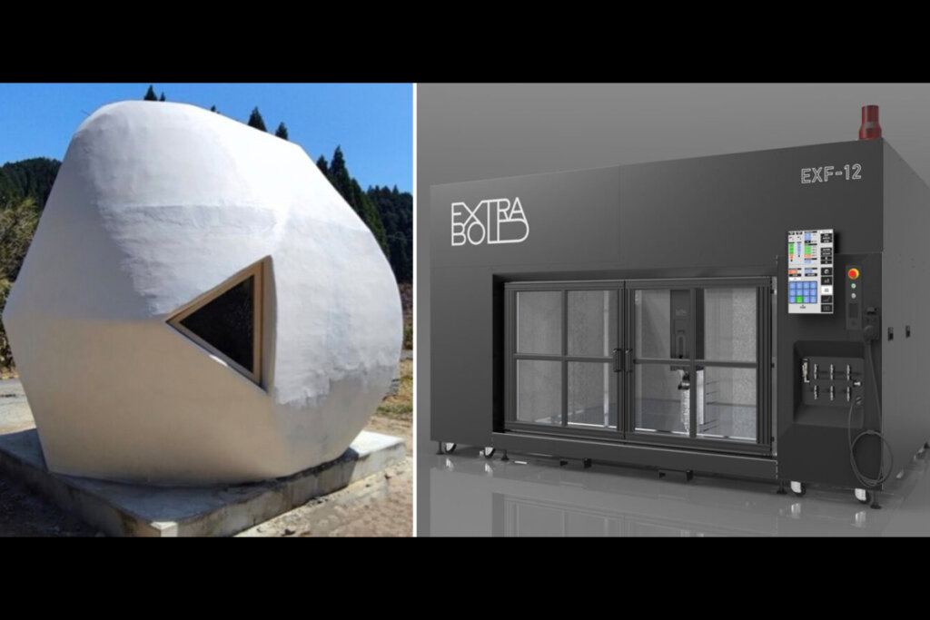 コンクリート製の3Dプリンター住宅「serendix10」とExtraBold社の大型3DプリンターEXF-12。