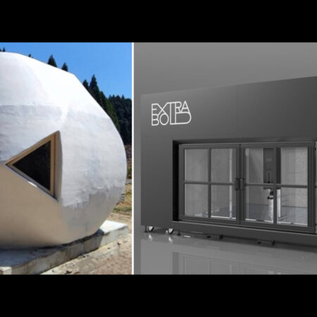 コンクリート製の3Dプリンター住宅「serendix10」とExtraBold社の大型3DプリンターEXF-12。