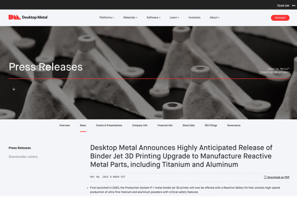 Desktop Metal社のプレスリリース。