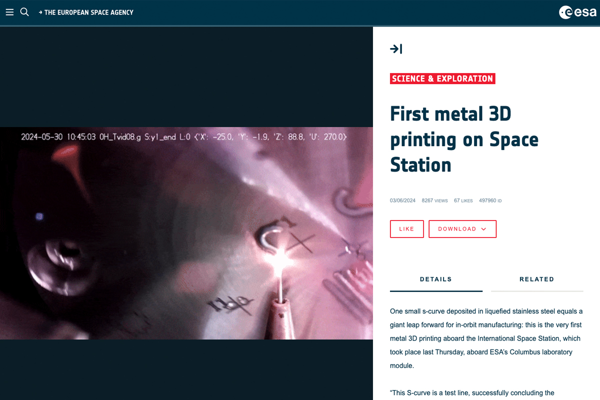 ESAのウェブサイト。宇宙ステーションで金属3Dプリントするようす。