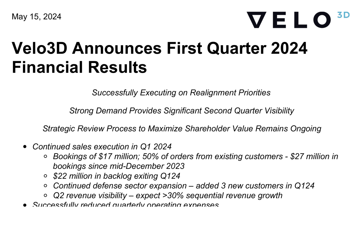 Velo3D社の2024年第1四半期の業績のpdfファイル。