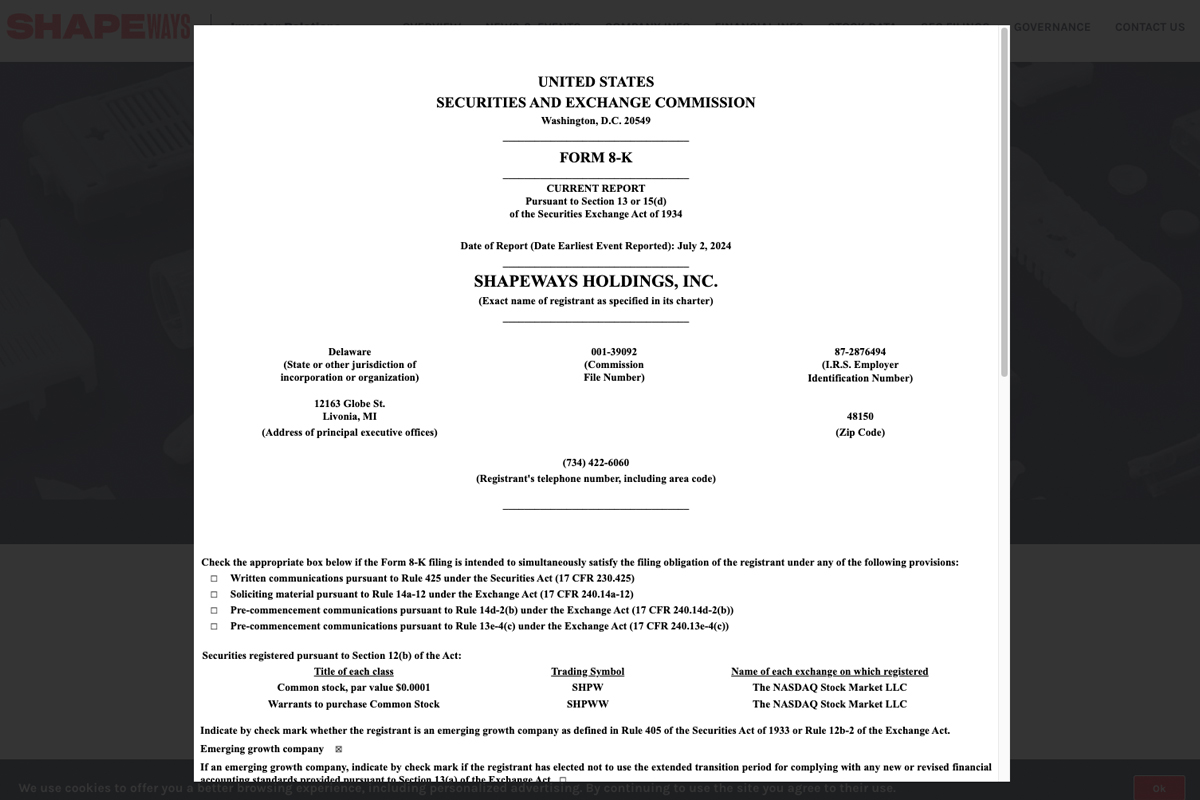 Shapeways社のウェブサイトに掲載された「Form 8-K」