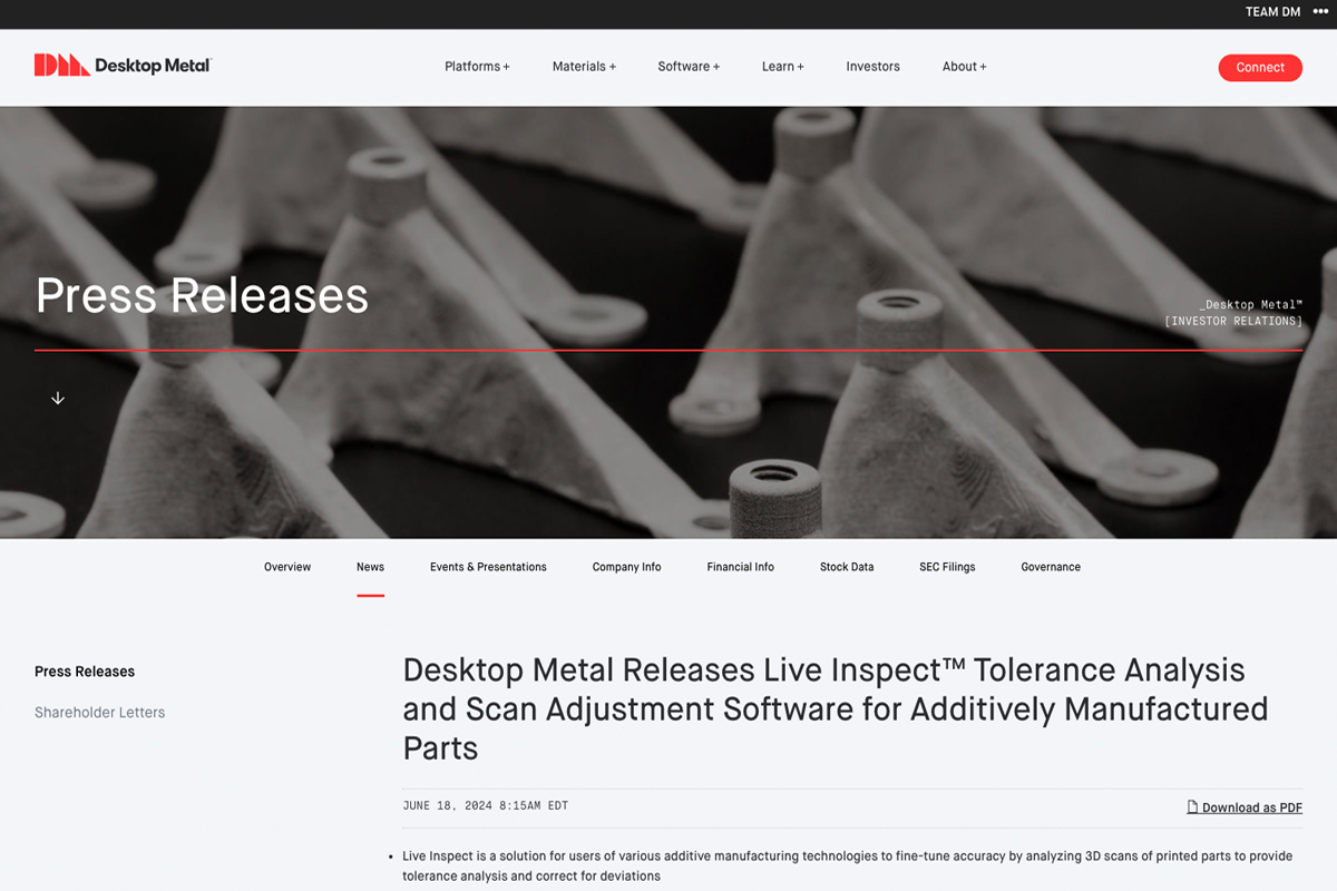 Desktop Metal社のプレスリリース。