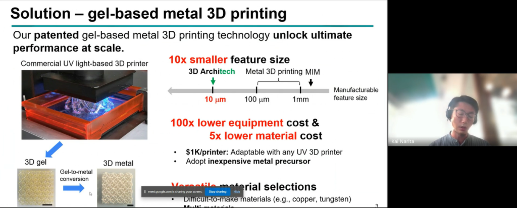 既存の光造形方式の3Dプリンターで造形できる新材料でゲル構造体を作り専用溶液に付け込むことでゲルから金属を作ることが可能（成田氏）