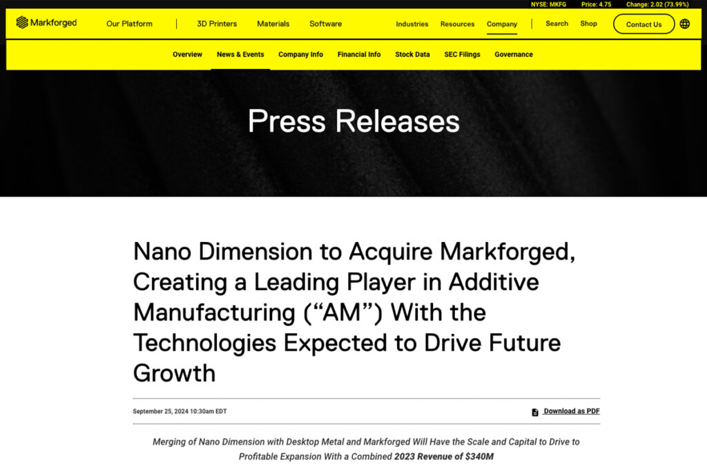 Nano Dimension社のプレスリリース。