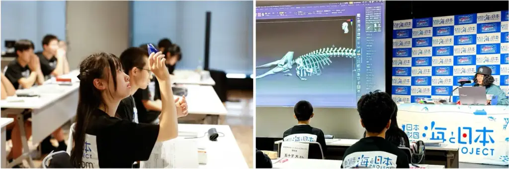 写真左:3Dプリンターで出力された造形物を手に取り、光に透かして見る5期研究生