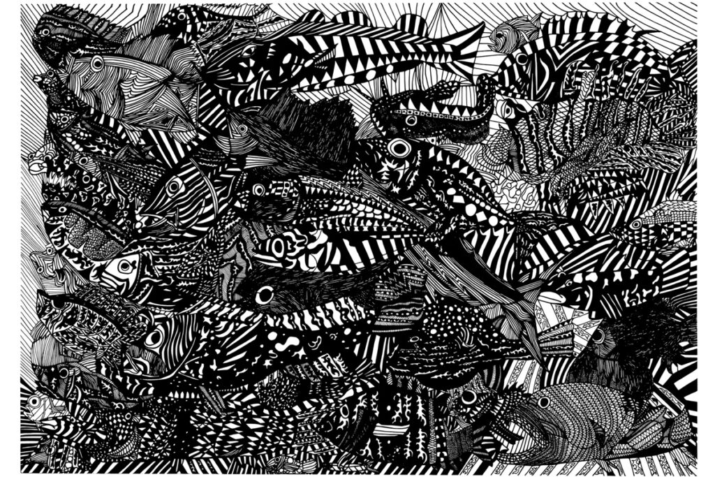 廃プラスチックを素材とした壁画アート「超密」　作：田中 拓実 氏。