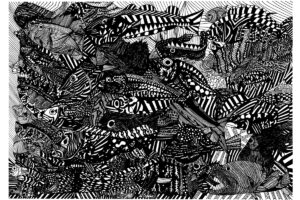 廃プラスチックを素材とした壁画アート「超密」　作：田中 拓実 氏。