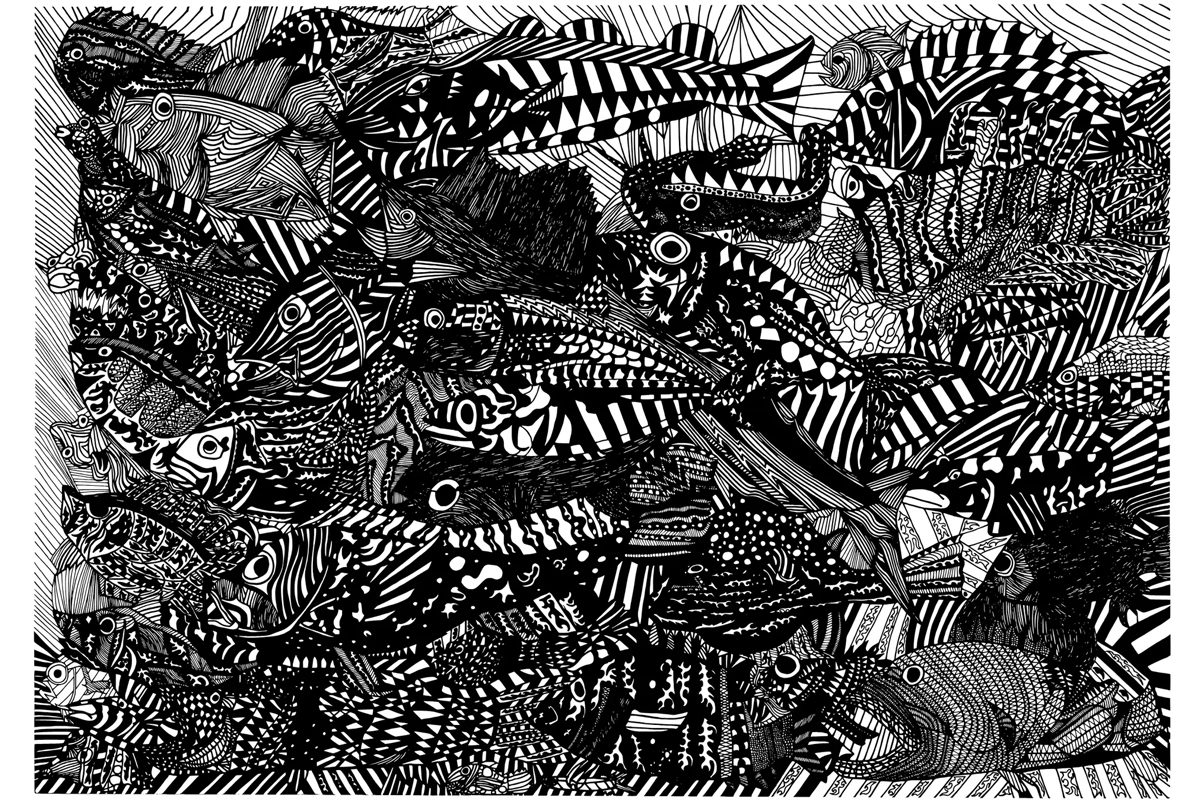 廃プラスチックを素材とした壁画アート「超密」　作：田中 拓実 氏。