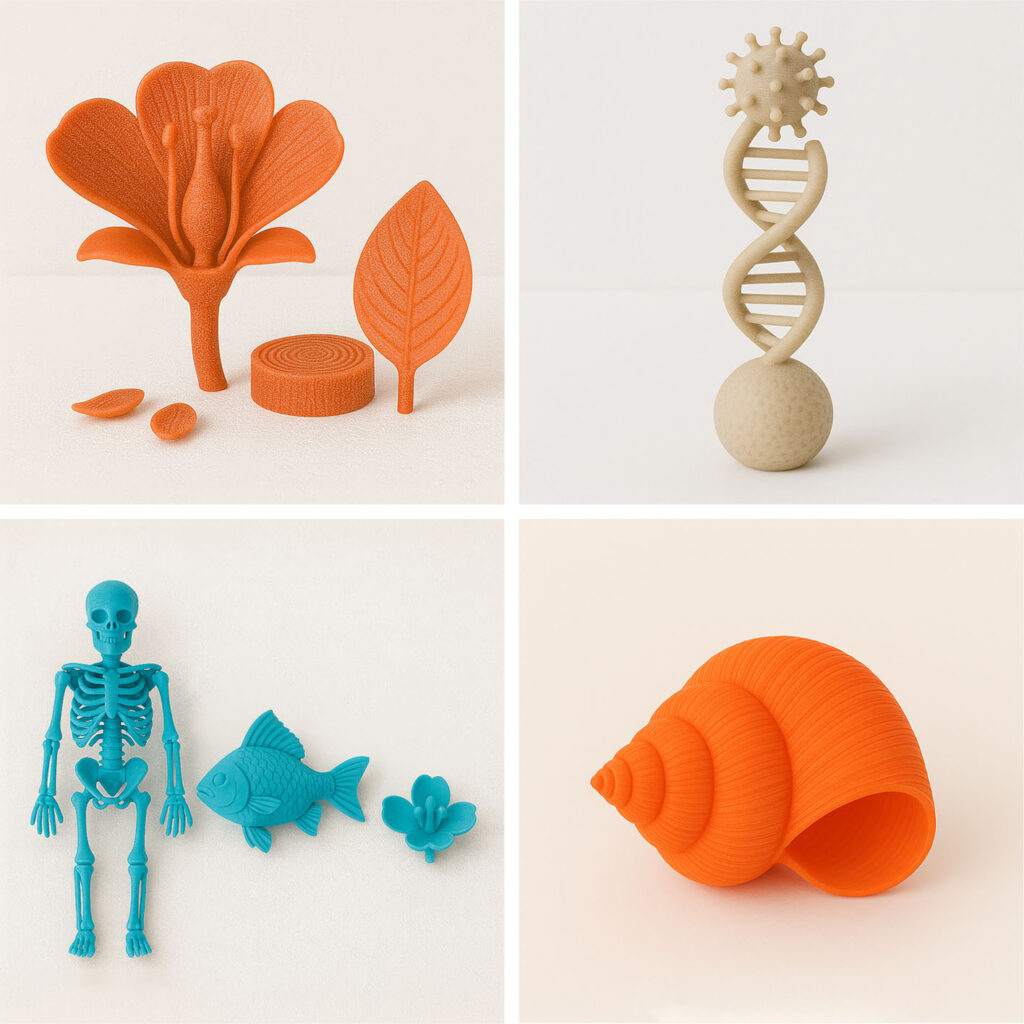 花の構造・DNAモデル・骨格・魚・貝殻・花（出典：サンコンタクトレンズ）