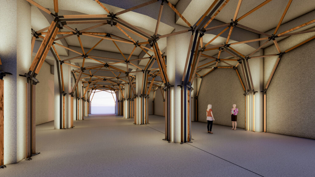 廃棄される柱や梁の再利用を想定して作られた、高架下に設置できる木構造シェルターのレンダリングイメージ(出典:XENCE)