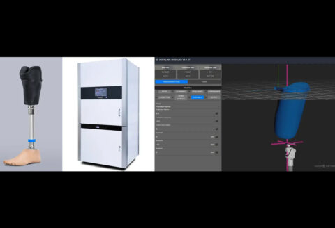 （左から）インスタリムの3Dプリント義足、当社開発・製造の義足用3Dプリンタ、インスタリムが開発した義足設計用3D-CAD（出典：インスタリム）