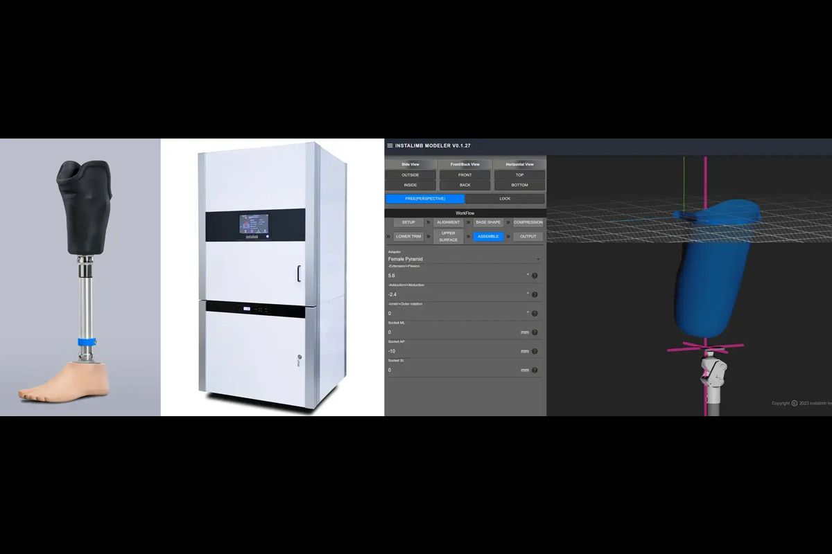 (左から)インスタリムの3Dプリント義足、当社開発・製造の義足用3Dプリンタ、インスタリムが開発した義足設計用3D-CAD(出典:インスタリム)