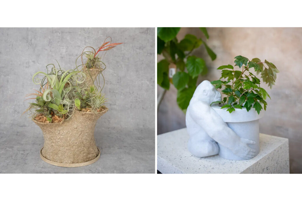 第一弾として販売する、淡路広喜氏（左）、Luminas T / Dynamite T（右）による3Dプリント製の植物鉢（出典：くにたちビジネスサポートセンターKuni-Biz）