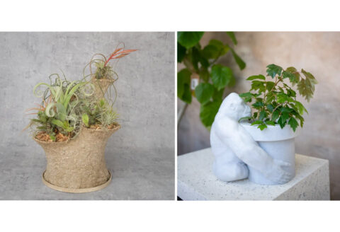 第一弾として販売する、淡路広喜氏（左）、Luminas T / Dynamite T（右）による3Dプリント製の植物鉢（出典：くにたちビジネスサポートセンターKuni-Biz）