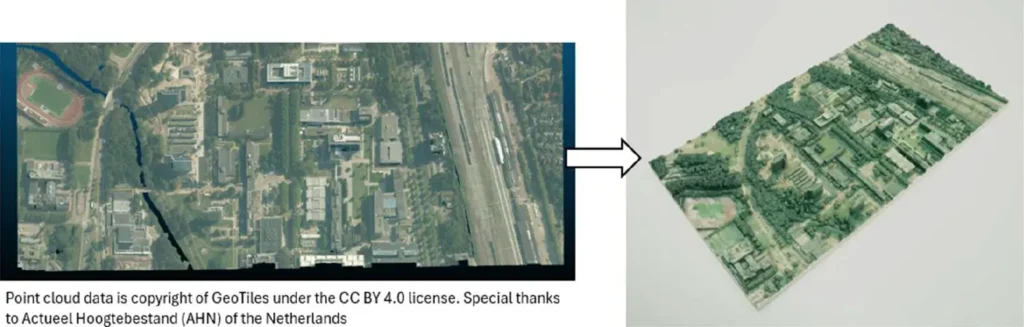 地形のLiDARスキャンデータ（左）と、それを基に3Dプリントした造形物（右）出典：ミマキエンジニアリング