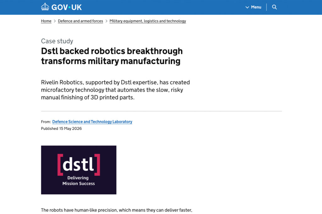出典：英国政府（Gov.uk）／Defence Science and Technology Laboratory（Dstl）「Dstl backed robotics breakthrough transforms military manufacturing」