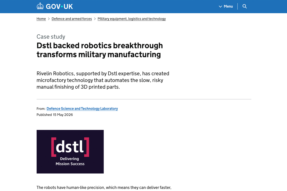 出典：英国政府（Gov.uk）／Defence Science and Technology Laboratory（Dstl）「Dstl backed robotics breakthrough transforms military manufacturing」