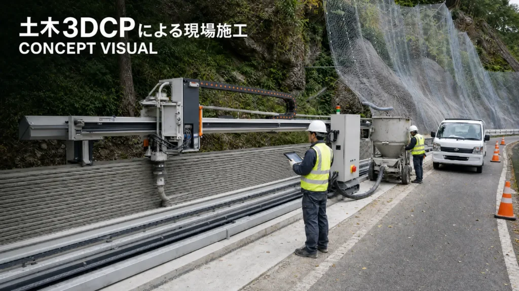 土木3DCPによる現場施工のコンセプトイメージ（実機・実証現場の写真ではない。）（出典：V3D Asia 株式会社）