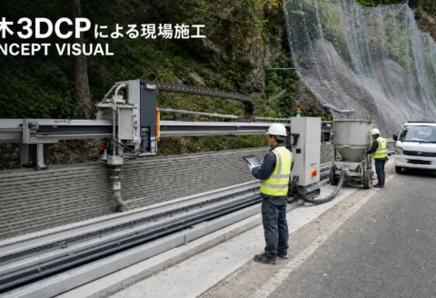 土木3DCPによる現場施工のコンセプトイメージ（実機・実証現場の写真ではない。）（出典：V3D Asia 株式会社）