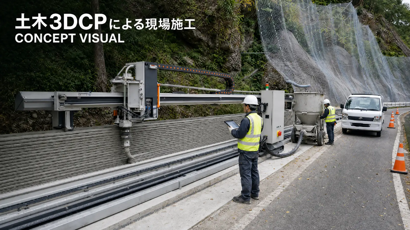 土木3DCPによる現場施工のコンセプトイメージ（実機・実証現場の写真ではない。）（出典：V3D Asia 株式会社）
